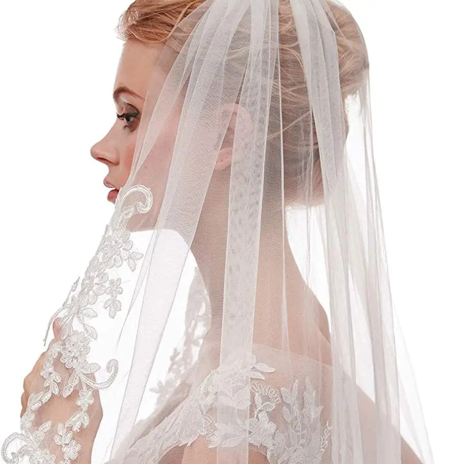 European Wedding Veil with Lace Applique Single Layer - Image 3