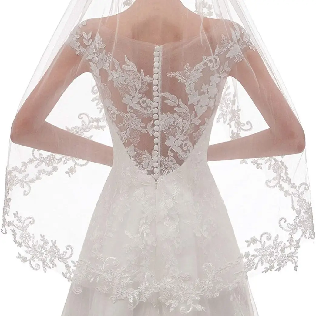 European Wedding Veil with Lace Applique Single Layer - Image 4