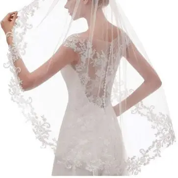 European Wedding Veil with Lace Applique Single Layer - Image 5