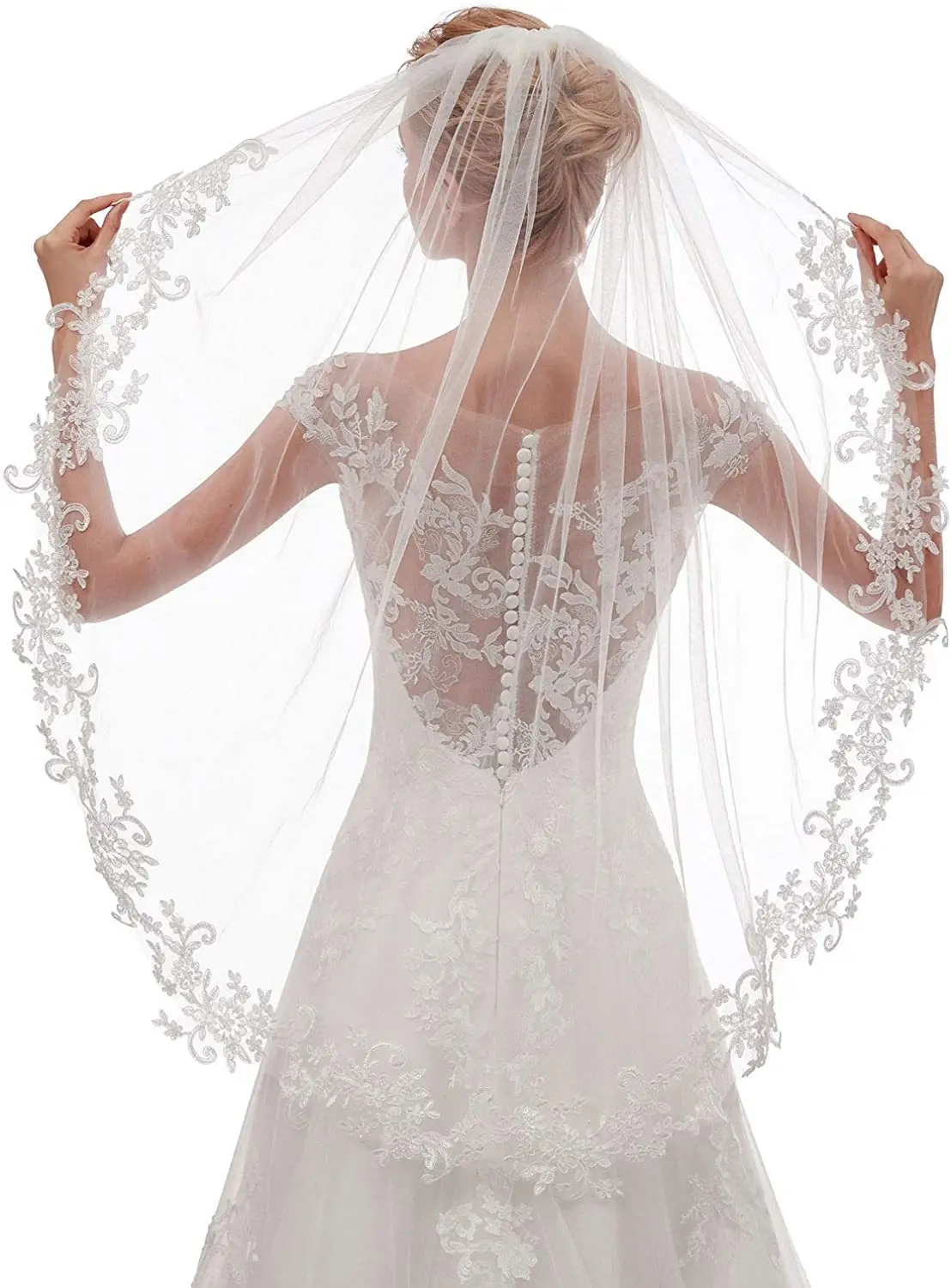 European Wedding Veil with Lace Applique Single Layer — feature 1