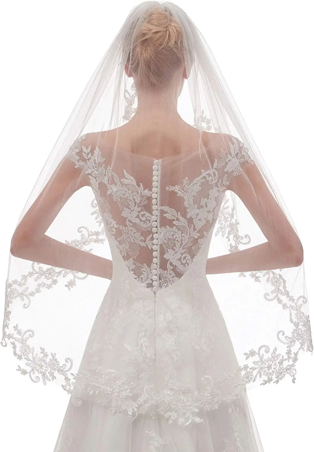 European Wedding Veil with Lace Applique Single Layer — feature 2