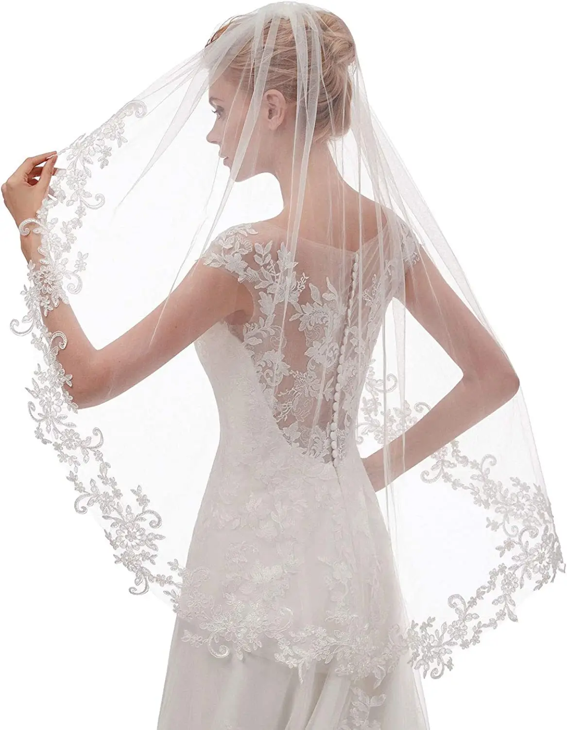 European Wedding Veil with Lace Applique Single Layer — feature 3