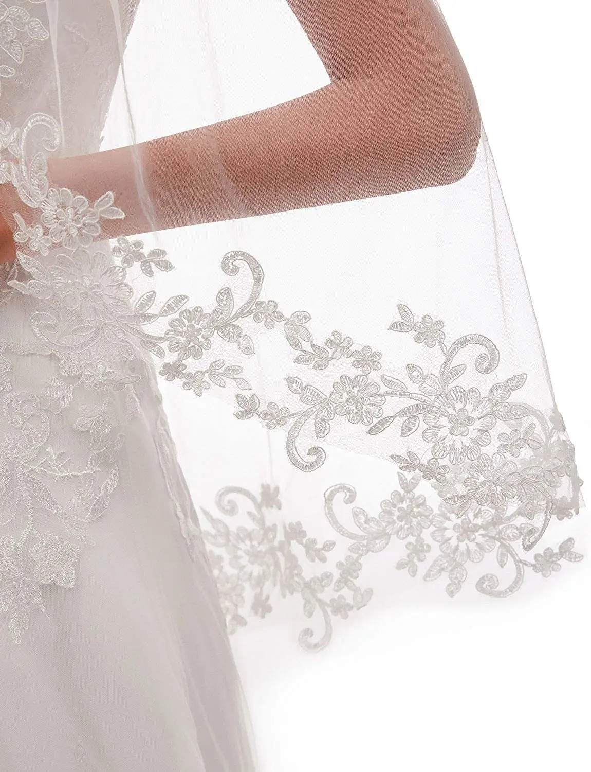 European Wedding Veil with Lace Applique Single Layer — feature 4