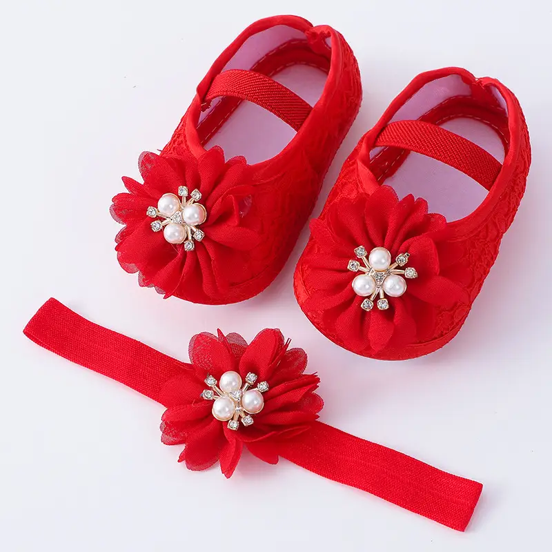 Red Pearl Flower Toddler Shoes 0-1Yr Soft Bottom
