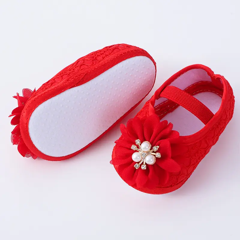Red Pearl Flower Toddler Shoes 0-1Yr Soft Bottom
