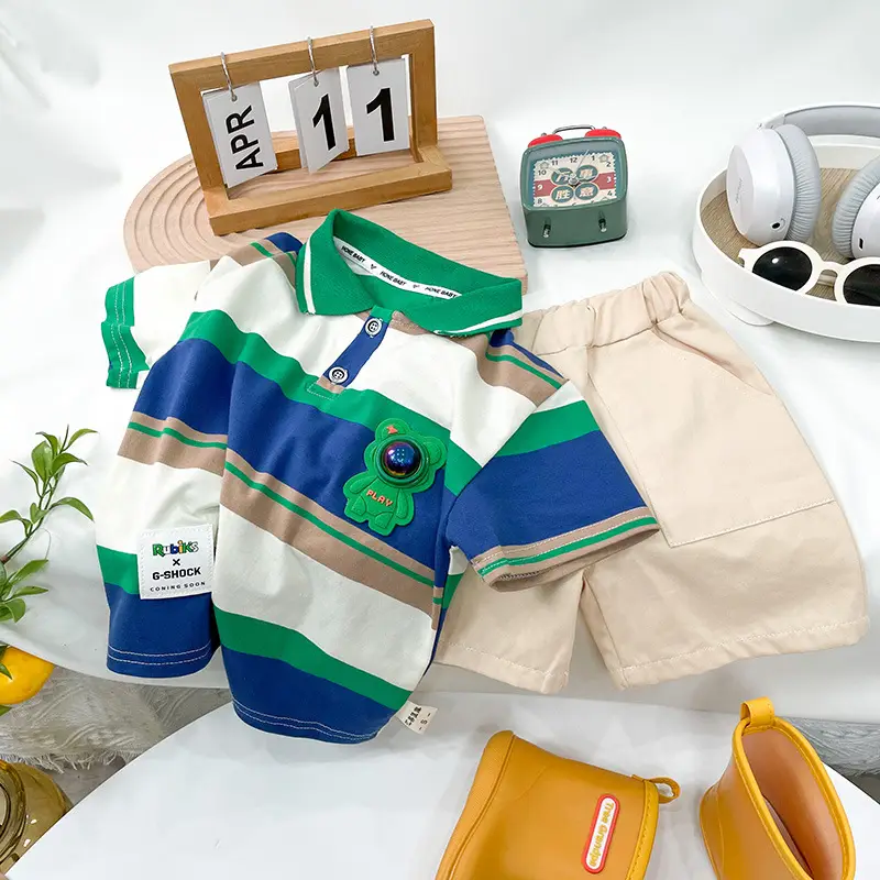 Boys Summer Outfit 2026 Cartoon Turn-Down Collar T-Shirt - Image 2
