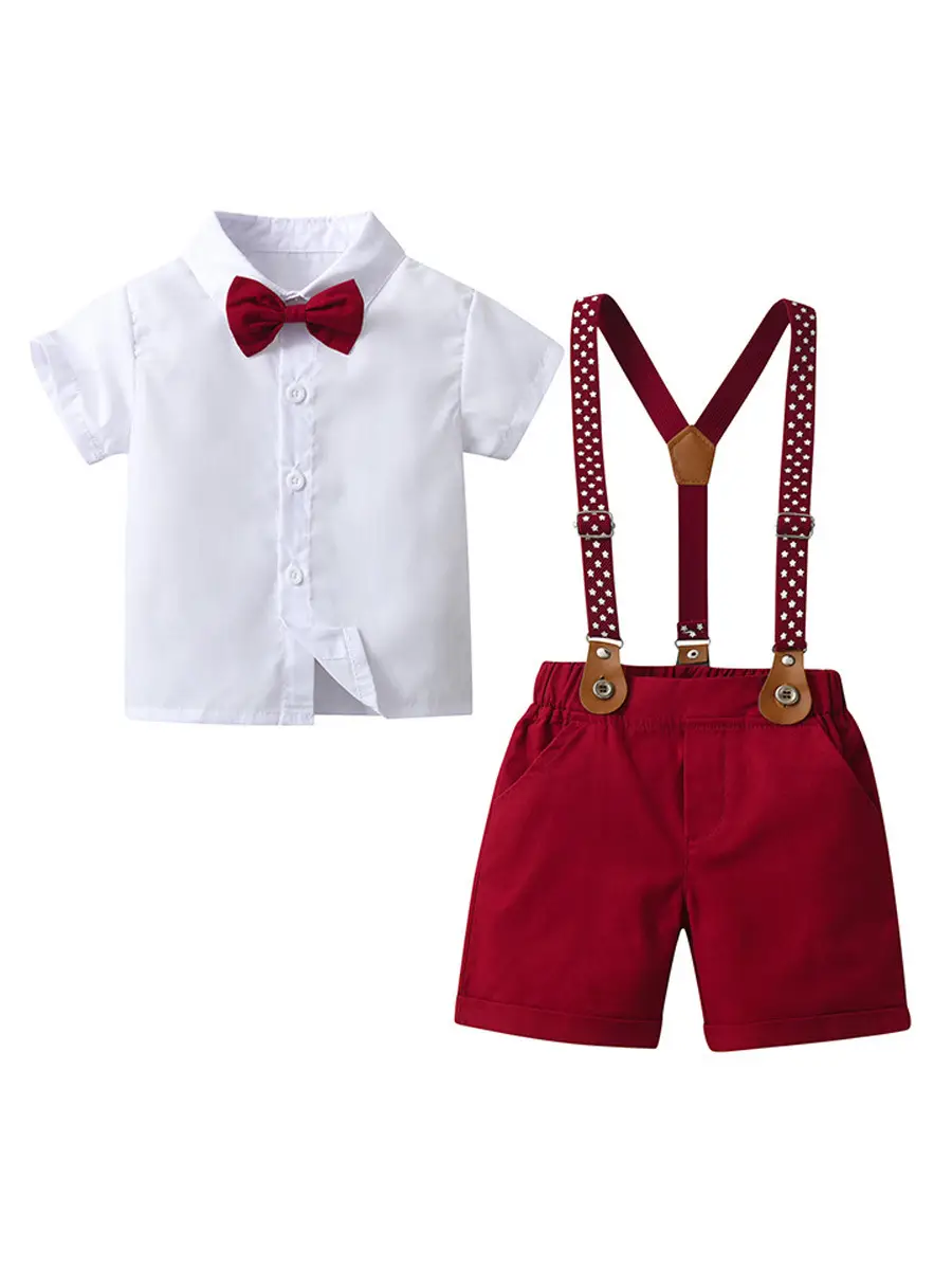 Cross-Border Baby Boys Short Sleeve Overalls Set Red White - Image 5