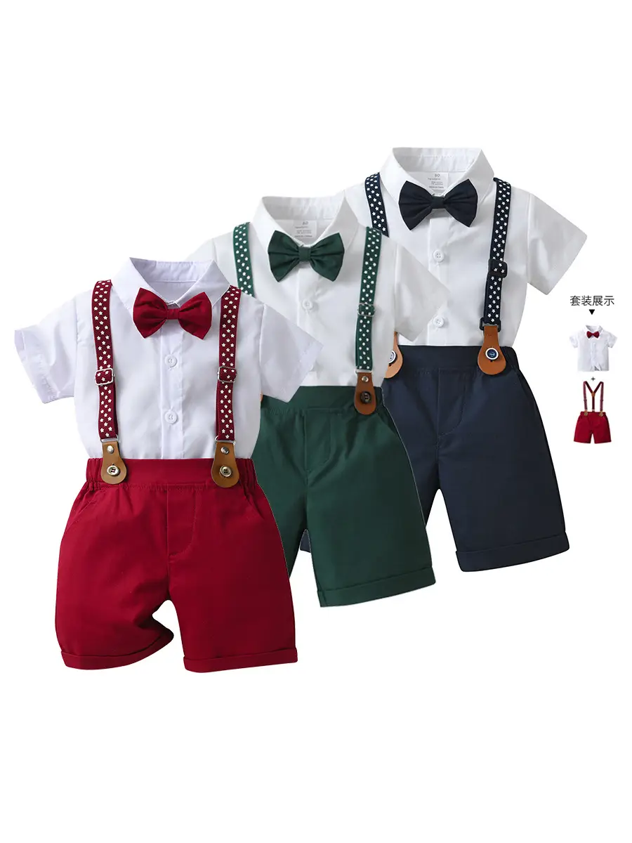 Cross-Border Baby Boys Short Sleeve Overalls Set Red White - Image 7