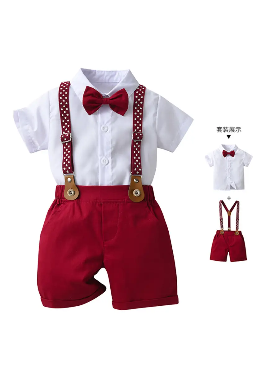 Cross-Border Baby Boys Short Sleeve Overalls Set Red White - Image 8