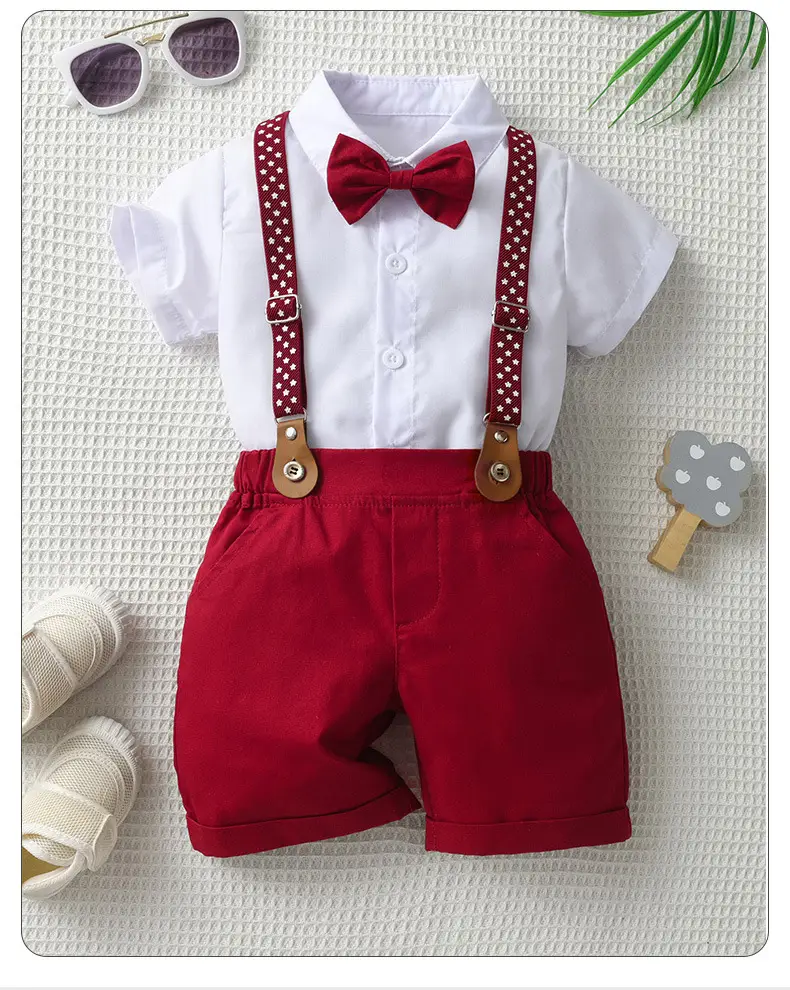 Cross-Border Baby Boys Short Sleeve Overalls Set Red White — feature 25