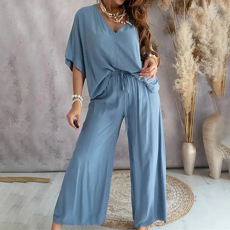 Women's Blue V-Print Pants T-Shirt Set Spring Autumn - Image 8