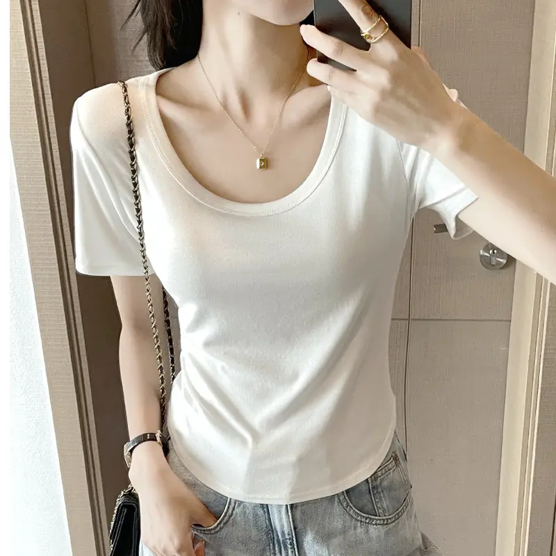 White U-Neck Short Sleeve T-Shirt for Women - Image 8