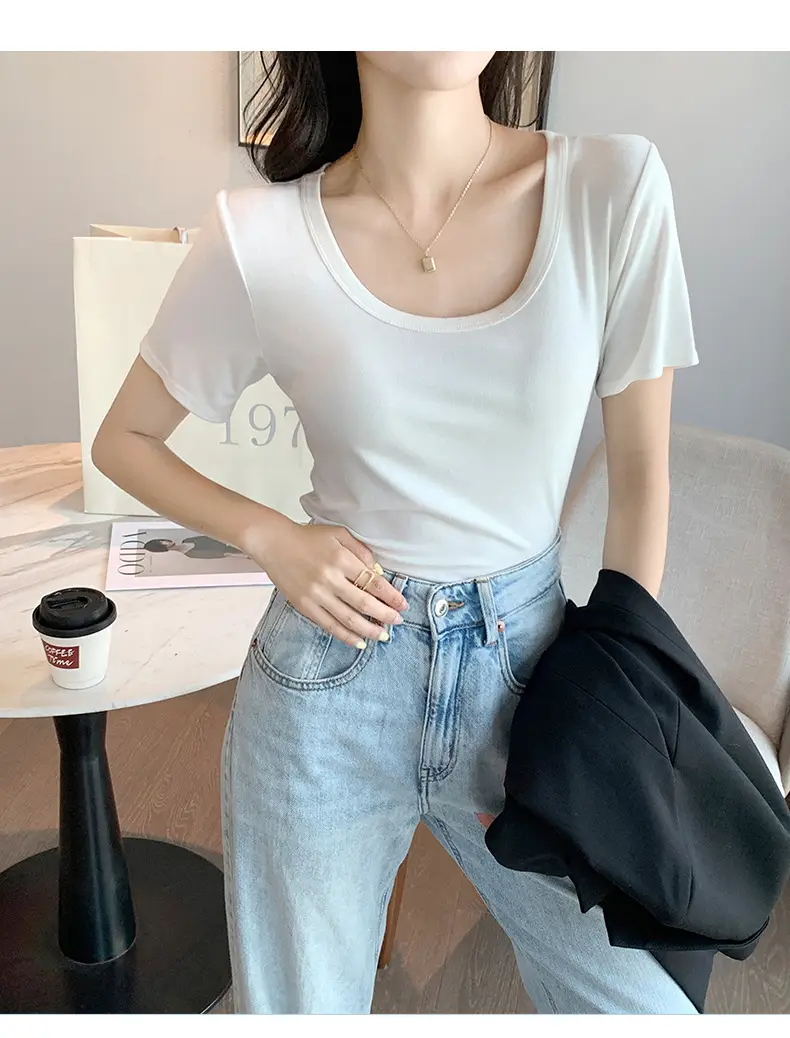White U-Neck Short Sleeve T-Shirt for Women — feature 16