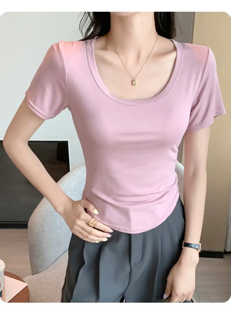 White U-Neck Short Sleeve T-Shirt for Women — feature 19