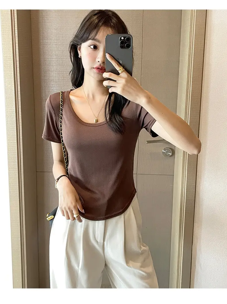 White U-Neck Short Sleeve T-Shirt for Women — feature 26