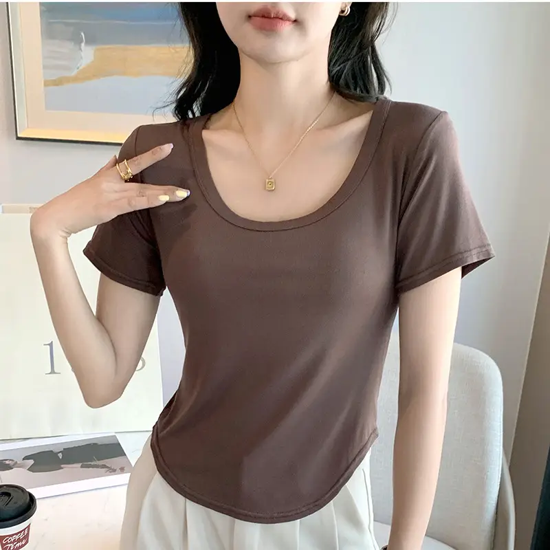 White U-Neck Short Sleeve T-Shirt for Women - Image 5