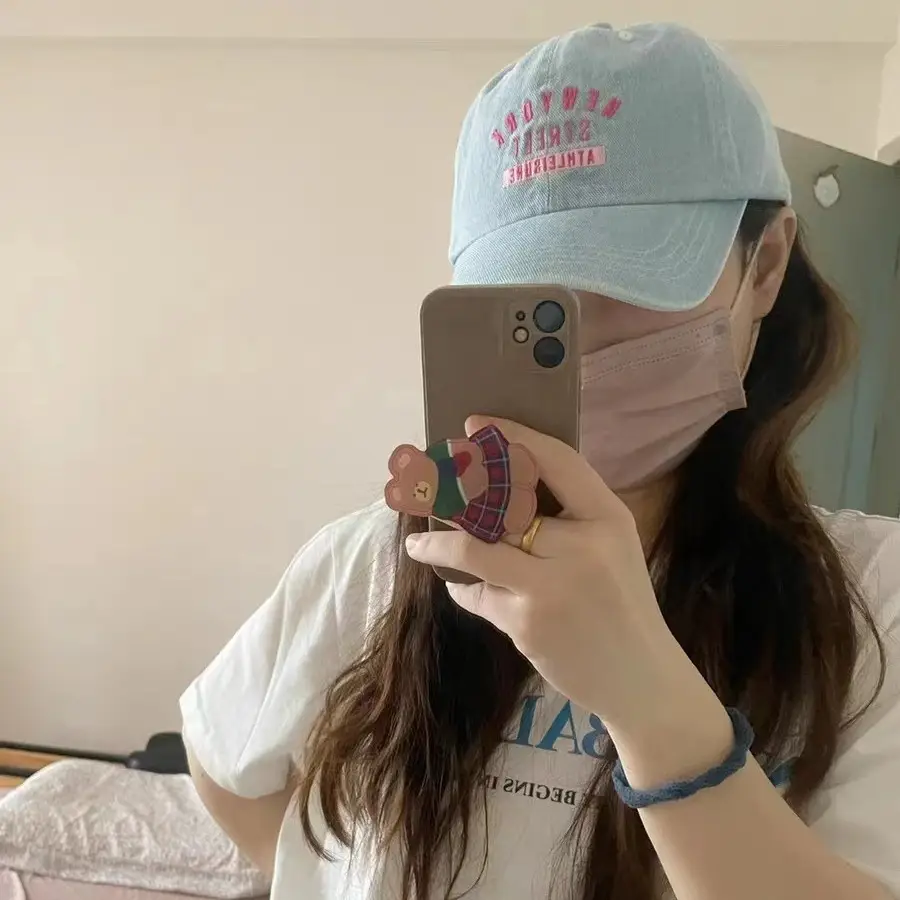 Ins Korean Style Sweet Peaked Cap Wash Denim Pink Embroidered Soft Top Baseball Cap Men Women Fashion