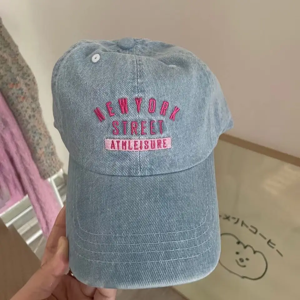 Ins Korean Style Sweet Peaked Cap Wash Denim Pink Embroidered Soft Top Baseball Cap Men Women Fashion