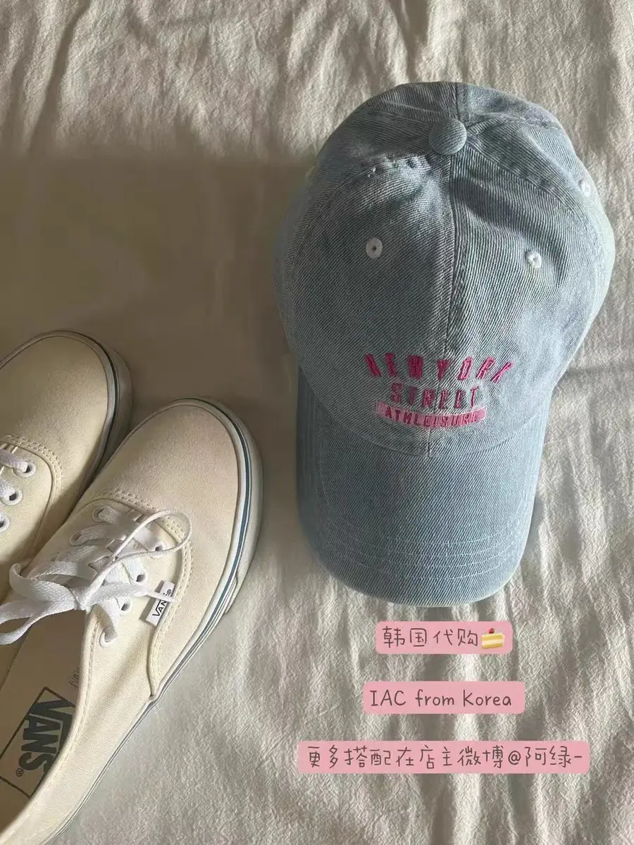 Ins Korean Style Sweet Peaked Cap Wash Denim Pink Embroidered Soft Top Baseball Cap Men Women Fashion