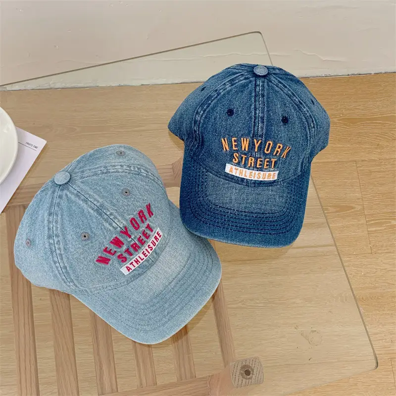 Ins Korean Style Sweet Peaked Cap Wash Denim Pink Embroidered Soft Top Baseball Cap Men Women Fashion