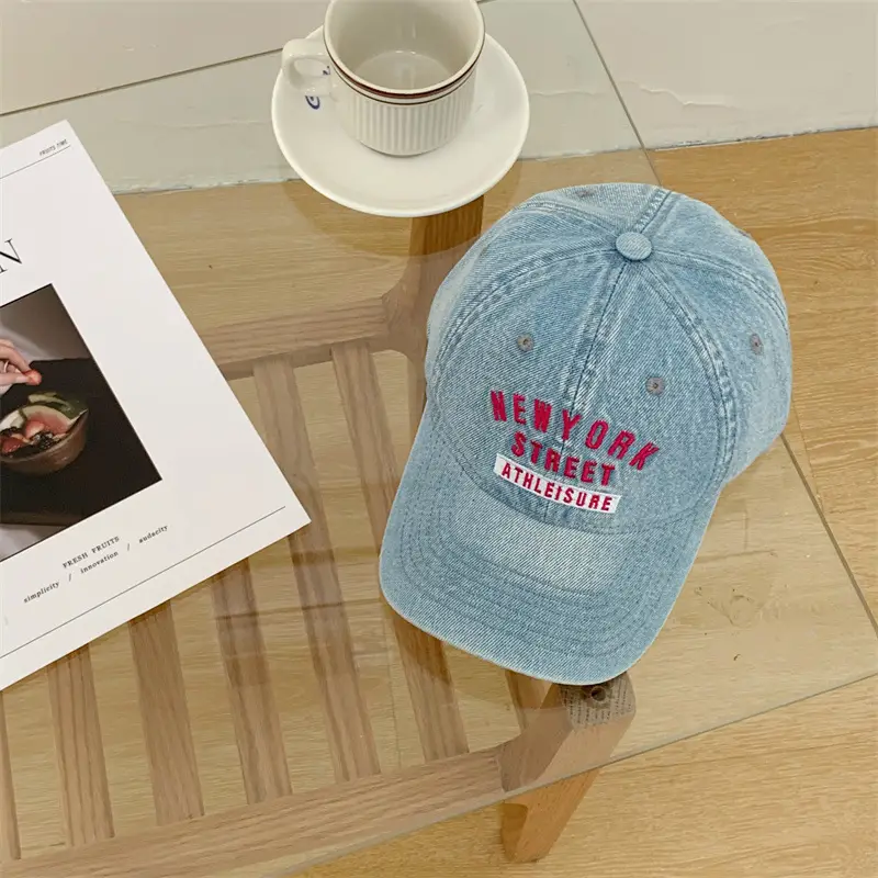 Ins Korean Style Sweet Peaked Cap Wash Denim Pink Embroidered Soft Top Baseball Cap Men Women Fashion