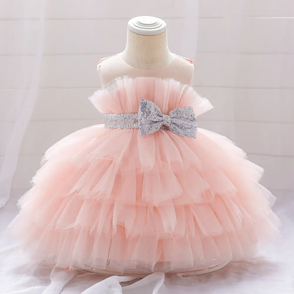 Pink Bow Strap Mesh Puffy Dress for Girls - Image 8