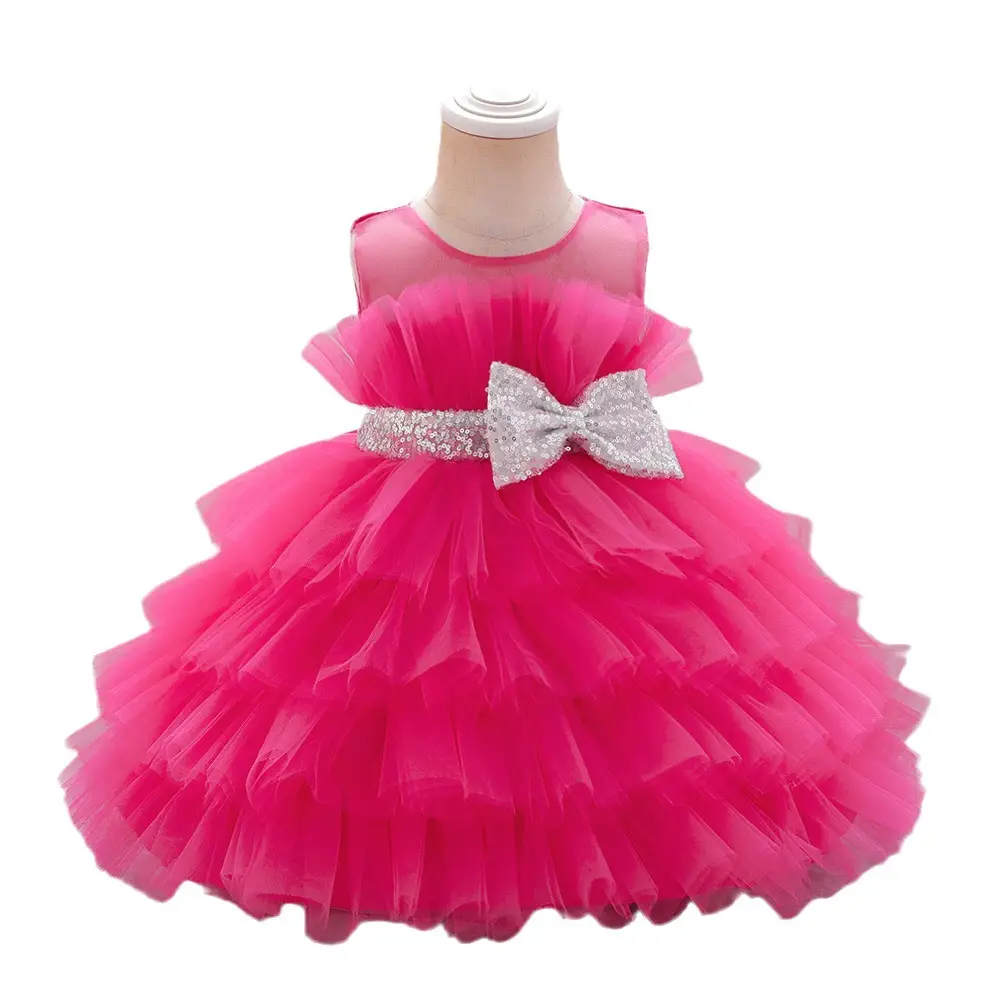 Pink Bow Strap Mesh Puffy Dress for Girls - Image 11