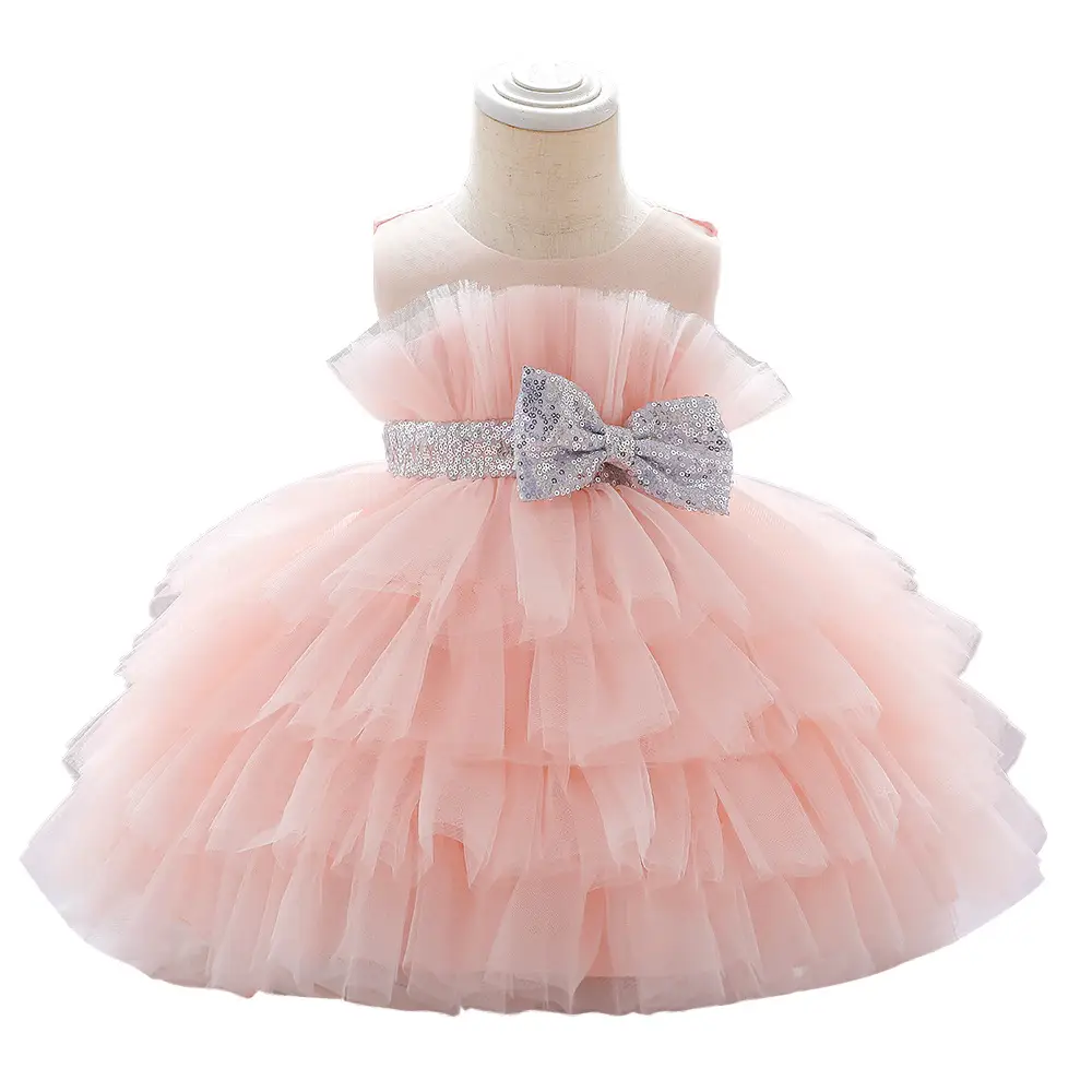 Pink Bow Strap Mesh Puffy Dress for Girls - Image 3