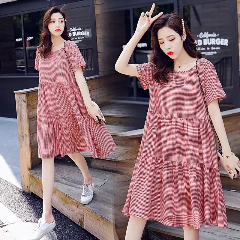 Pregnant Women's Pink Plaid A-Line Dress Plus Size