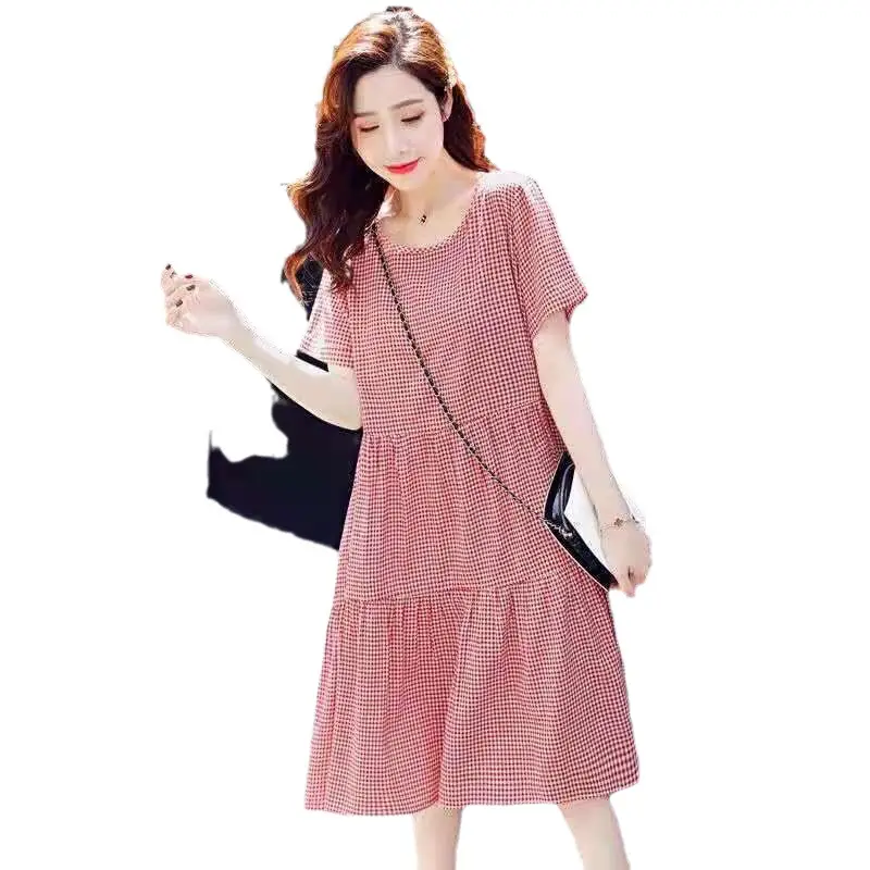 Pregnant Women's Pink Plaid A-Line Dress Plus Size