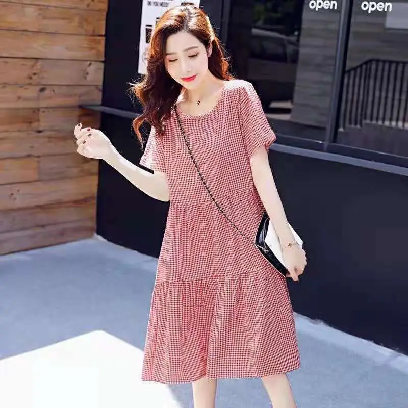 Pregnant Women's Pink Plaid A-Line Dress Plus Size — feature 2