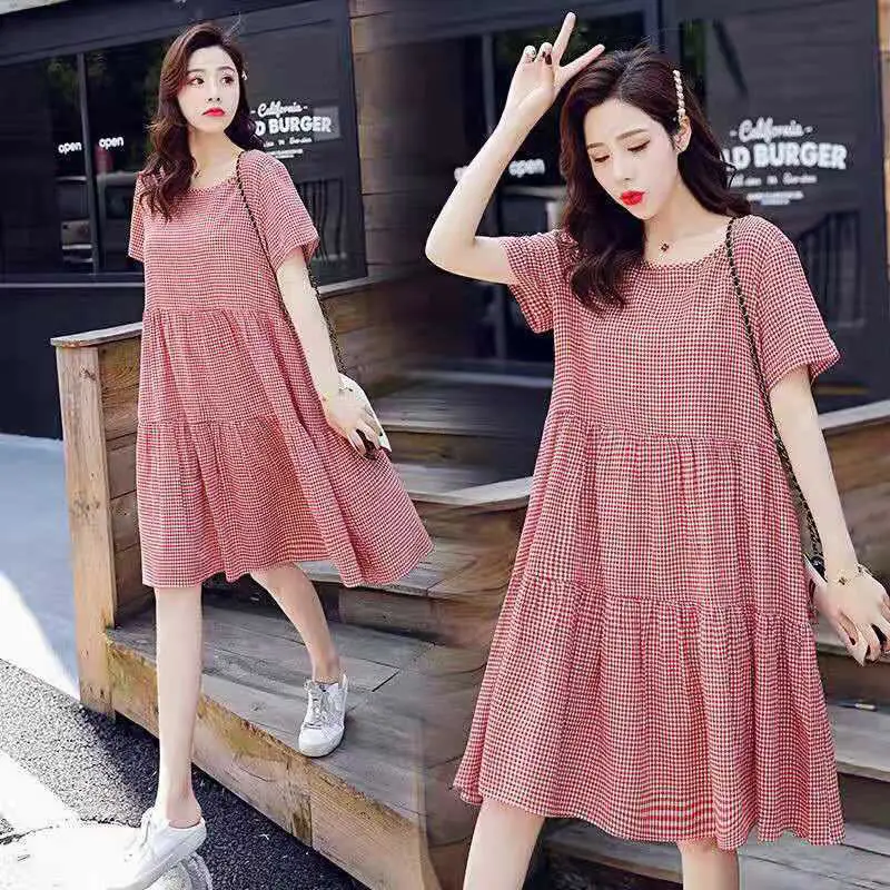 Pregnant Women's Pink Plaid A-Line Dress Plus Size — feature 3