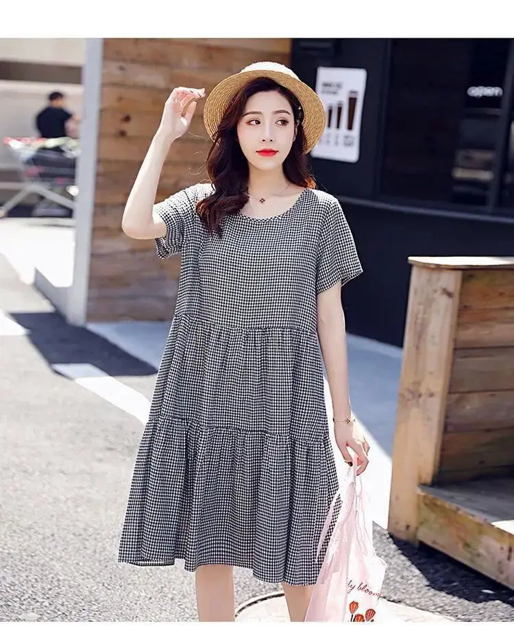 Pregnant Women's Pink Plaid A-Line Dress Plus Size — feature 6