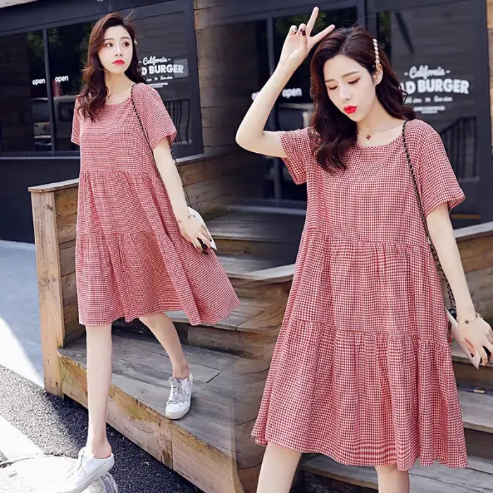Pregnant Women's Pink Plaid A-Line Dress Plus Size