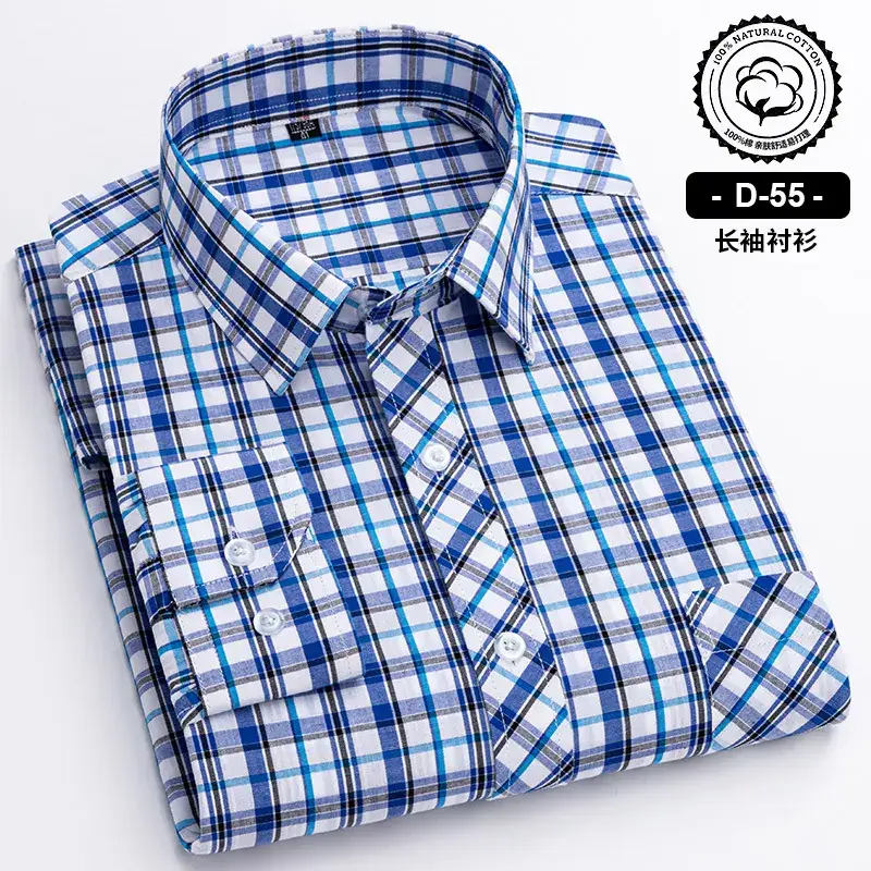 Men's Blue White Plaid Long Sleeve Shirt D-22 - Image 14
