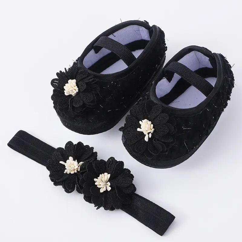 Black Floral Baby Shoes with Hair Band Set
