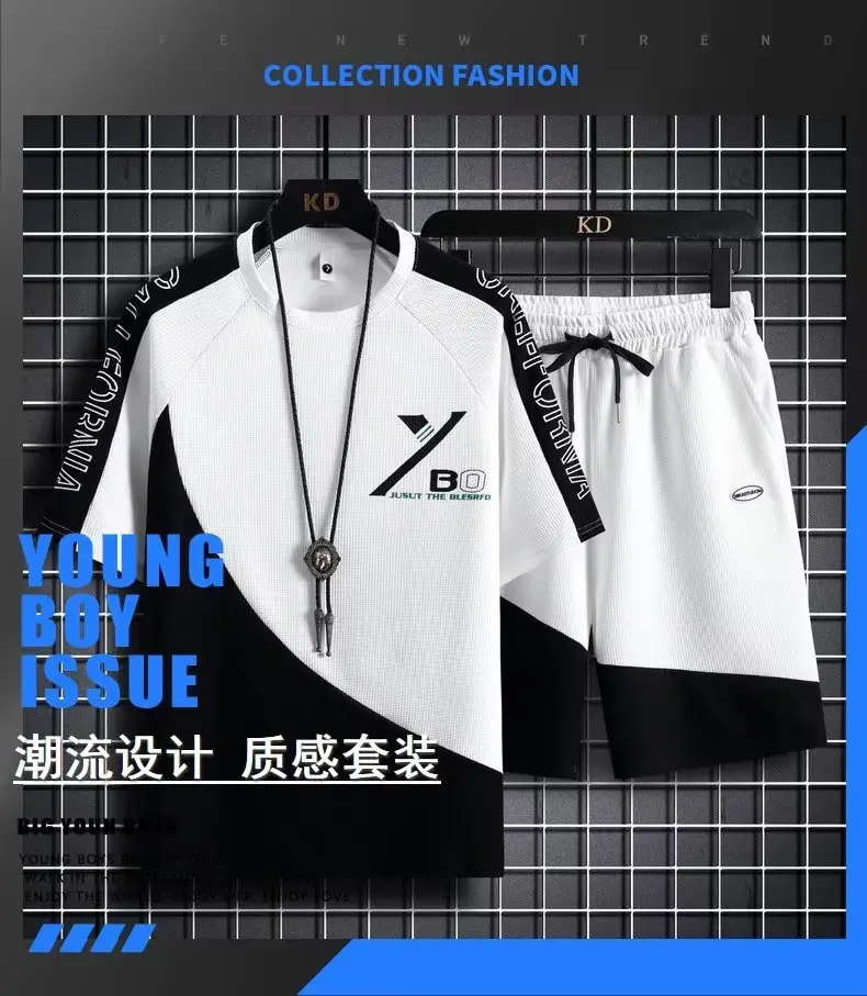 Men's Black White Casual Shorts Set Large — feature 2