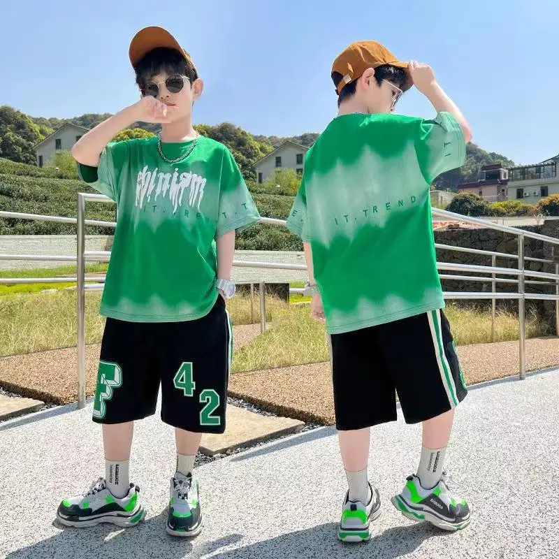 Green Tie-Dye Boys Summer T-Shirt Shorts Set - Image 3