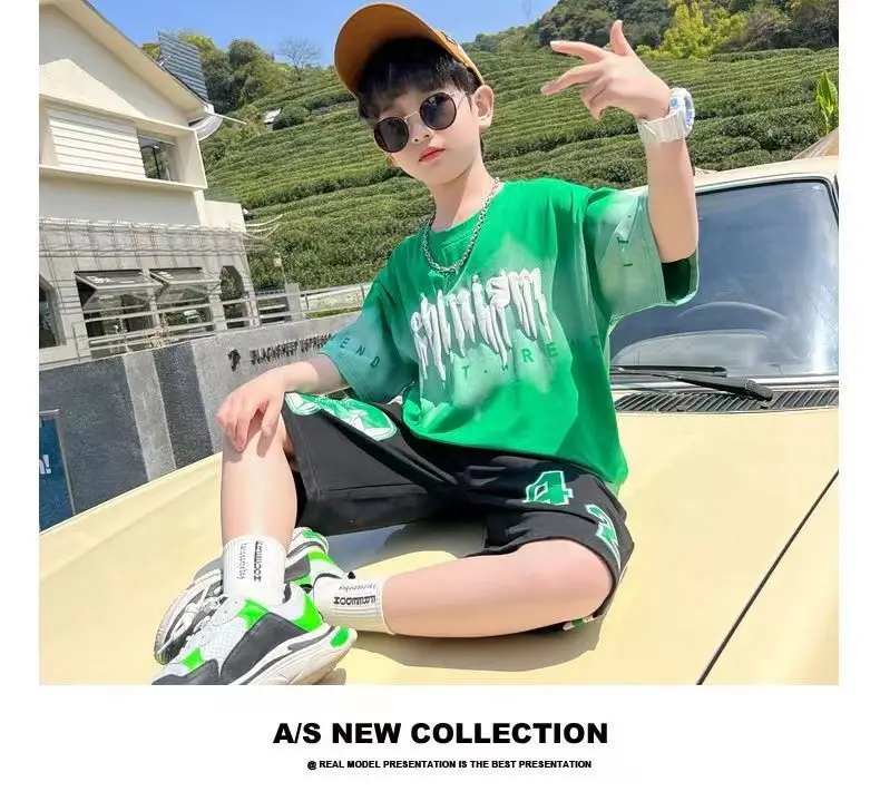 Green Tie-Dye Boys Summer T-Shirt Shorts Set — feature 12