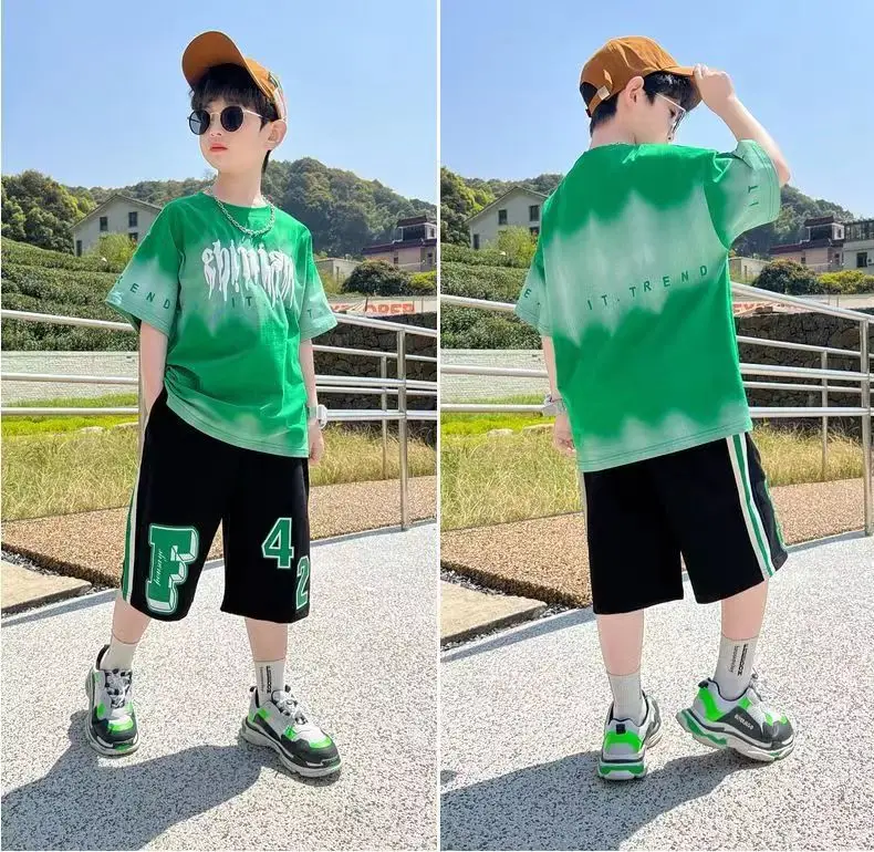 Green Tie-Dye Boys Summer T-Shirt Shorts Set — feature 13