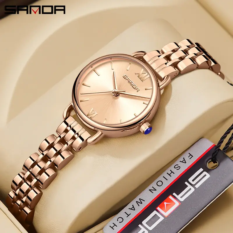 Sanda Rose Gold Women's Quartz Watch Brown Leather Strap