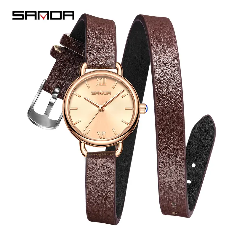 Sanda Rose Gold Women's Quartz Watch Brown Leather Strap