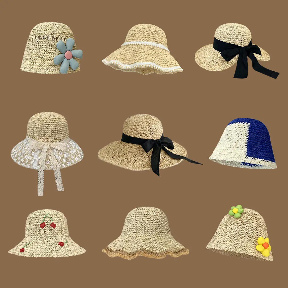 Women Straw Bow Cap Wide Brim Pink Letter - Image 67