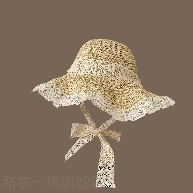 Women Straw Bow Cap Wide Brim Pink Letter - Image 12