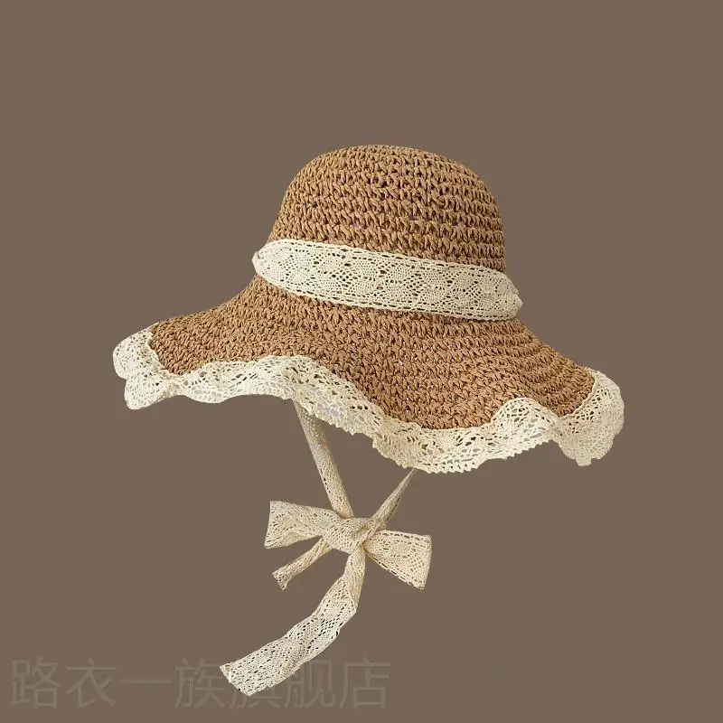 Women Straw Bow Cap Wide Brim Pink Letter - Image 13