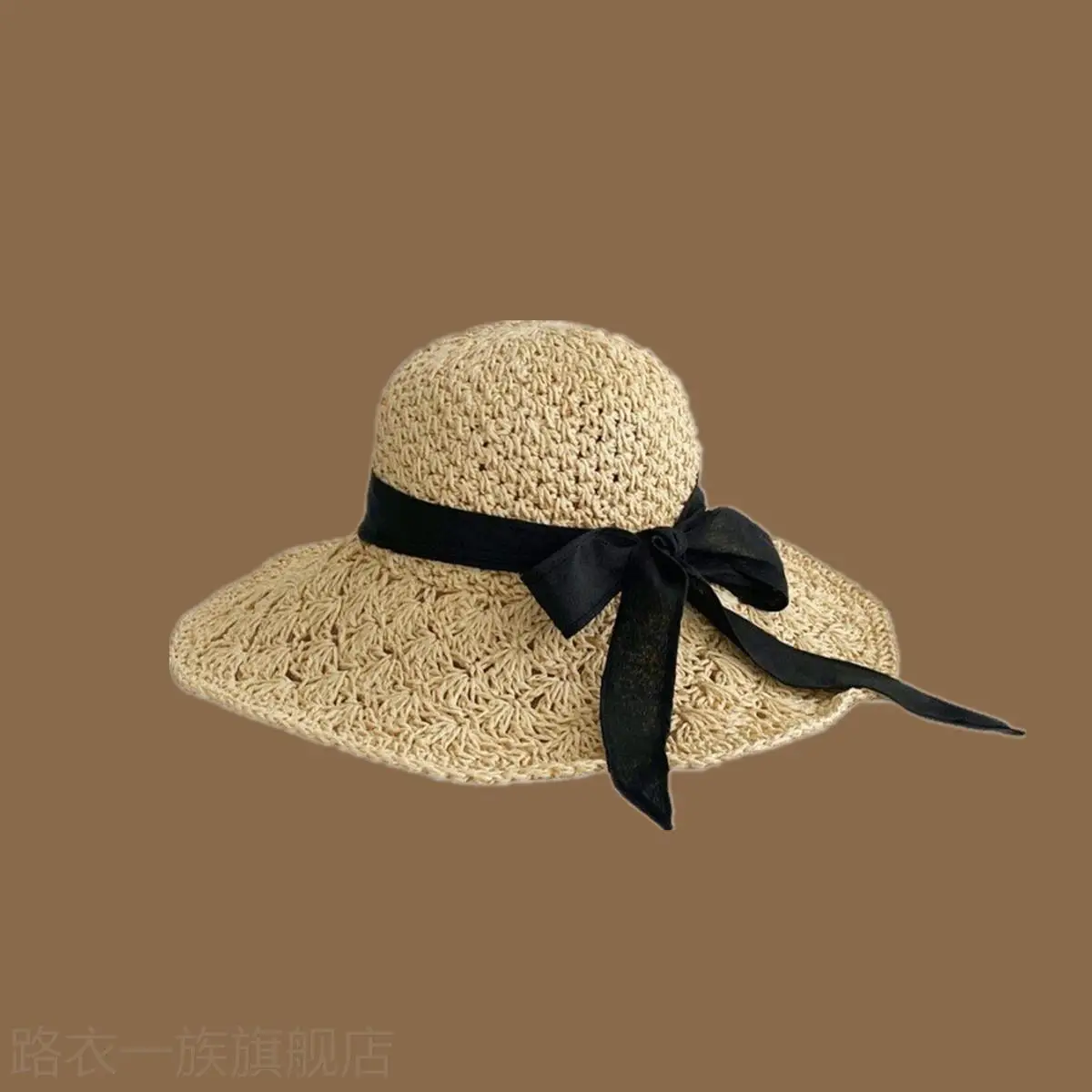 Women Straw Bow Cap Wide Brim Pink Letter - Image 3