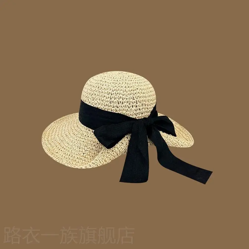 Women Straw Bow Cap Wide Brim Pink Letter - Image 34