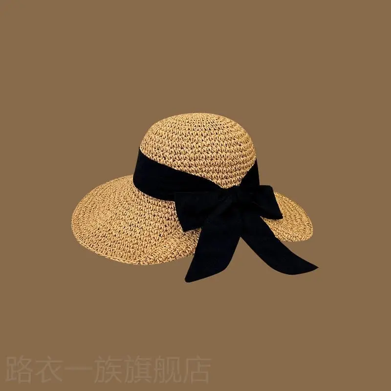 Women Straw Bow Cap Wide Brim Pink Letter - Image 35