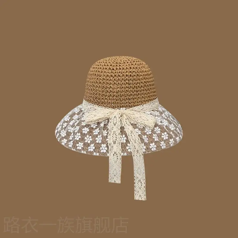 Women Straw Bow Cap Wide Brim Pink Letter - Image 40