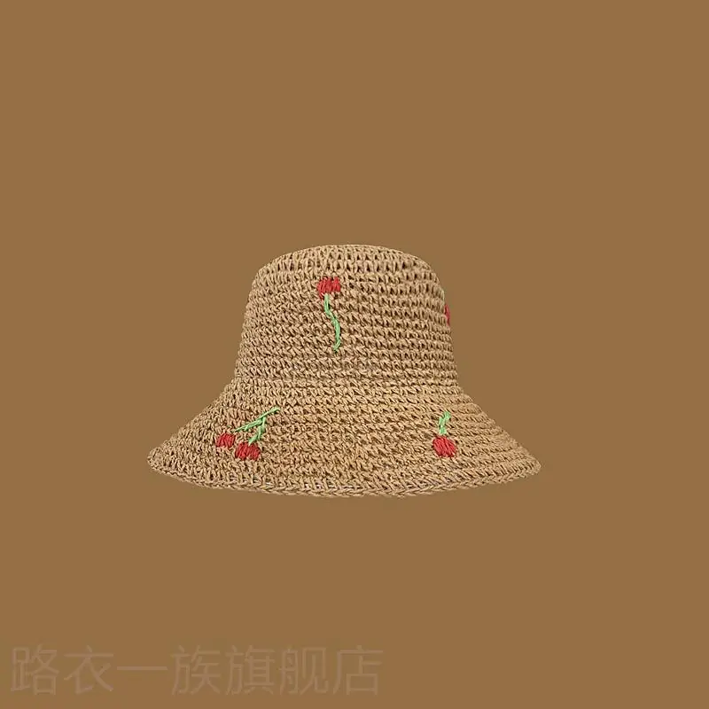 Women Straw Bow Cap Wide Brim Pink Letter - Image 42